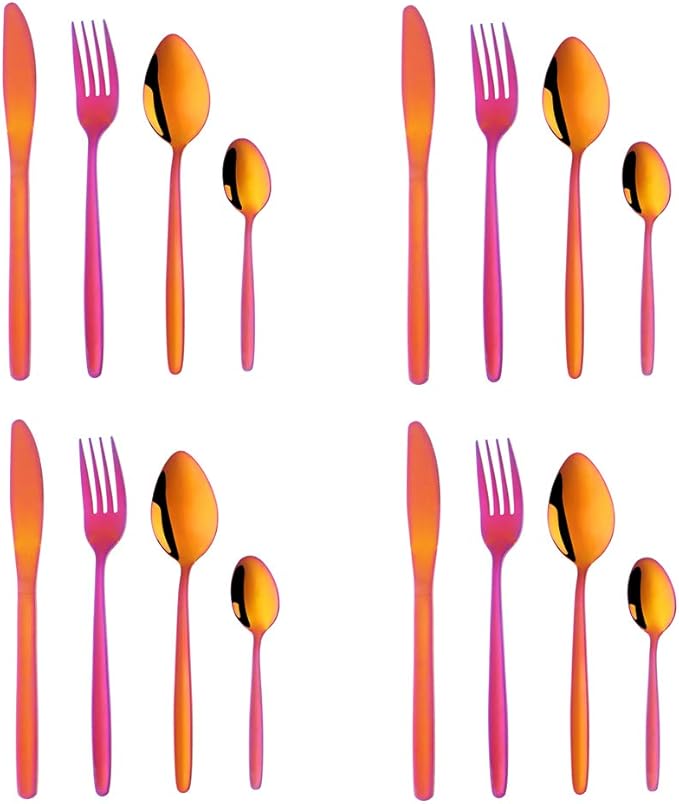 BuyGo Rainbow Red Silverware Flatware Set, 16-Piece Light Weight Stainless Steel Eating Utensil Service for 4, Include Knife Fork Spoon, Dishwasher Safe