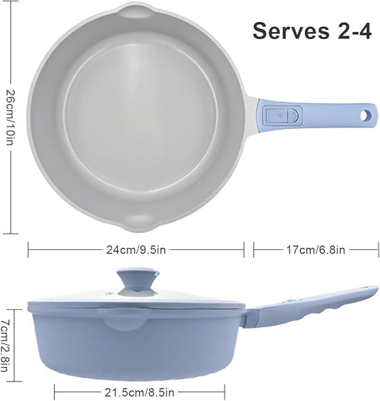 10 Inch Non Stick Ceramic Frying Pans with Lid, 4 QT Nonstick Deep Frying Pan Skillet, Saute Pan with Detachable Handle, Compatible with All Stoves, Oven Safe, PTFE & PFAS-Free, Blue