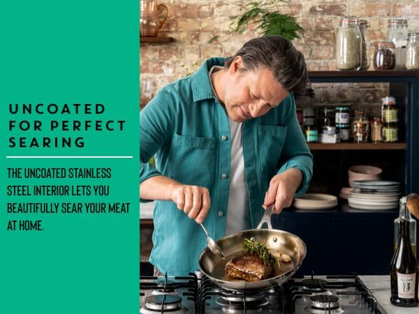 T-Fal x Jamie Oliver Stainless Steel Fry Pan 9.5-Inch, Induction Compatible, Oven Safe up to 500°F, Chef's Stainless Steel Skillet, Frying Pan, Silver