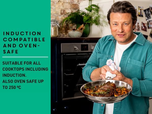 T-Fal x Jamie Oliver Stainless Steel Fry Pan 9.5-Inch, Induction Compatible, Oven Safe up to 500°F, Chef's Stainless Steel Skillet, Frying Pan, Silver
