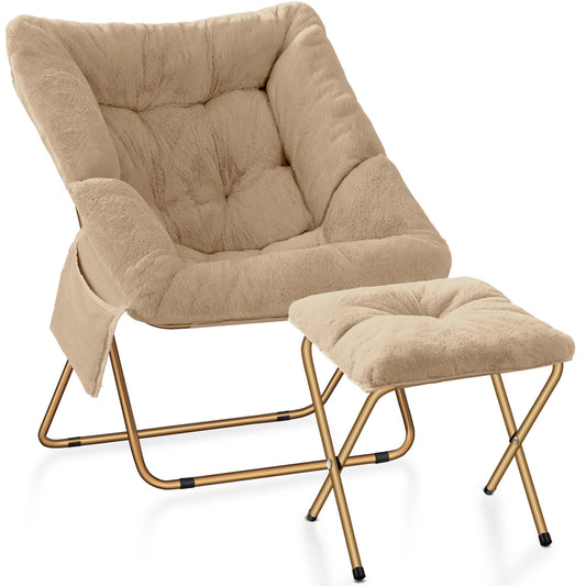 Kasunpul Comfy Saucer Chair Foldable Living Room Chairs Soft Faux Fur Lounge Chair for Bedroom Reading Chairs for Adults Kids X-Large (Beige)