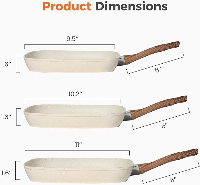 Sweetcrispy Nonstick Grill Pans Set, 3 Piece Square Frying Pan Skillet Set with Stay Cool Handle & PFOA Free, Compatible with All Stovetops (9.5" 10" 11") Beige