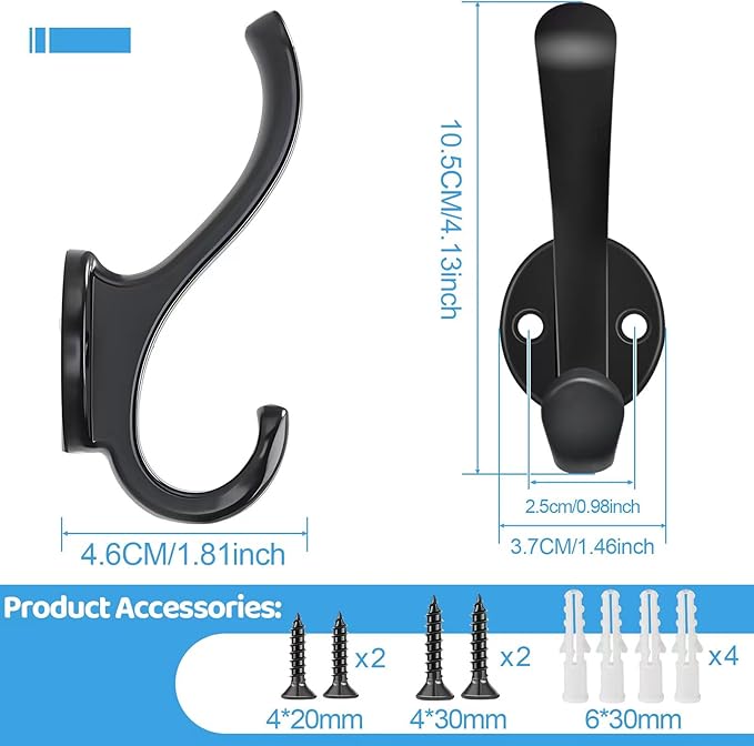 10 Pack Coat Hooks Wall Mount Heavy Duty Utility Retro Double Hooks for Hanging Coats,Hat, Towel, Key, Robe, Scarf, Bag, Cap (Black)