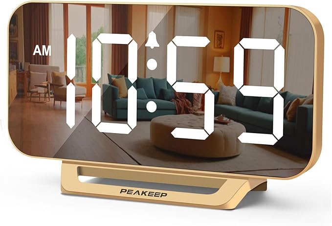 Peakeep Slim Digital Mirror Aesthetic Alarm Clock for Bedrooms Desk Decor - Plug in Electric Big LED Modern Small Clock for Office Living Room, Battery Backup, 6 Dimmers (Gold)