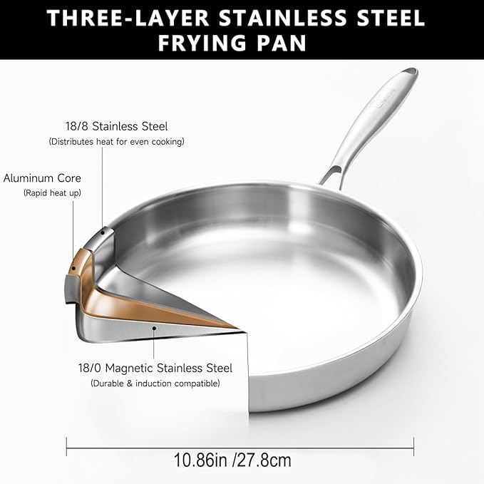 Tri-ply Stainless Steel Frying Pan 10 Inch Skillet for Chef's Cooking Pan Induction Oven Dishwasher Safe, Compatible with All Cooktops Up to 600℉ Come with Kitchen Tongs(Detachable Handle)