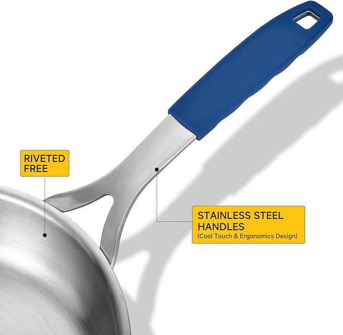 Inqibee 8.5-10-12 Inch Tri-Ply Stainless Steel Frying Pan Set of 3 with a Lid, Skillets, Chef's Pan, Induction Cooking Pans, Dishwasher Safe and Detachable Handle