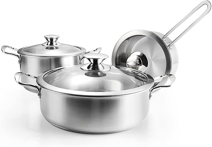 6-Piece Stainless Steel Cookware Set, Induction Pots and Pans Set with Glass Lids, Non-Toxic Kitchen Set for Gas/Electric/Induction, Oven & Dishwasher Safe