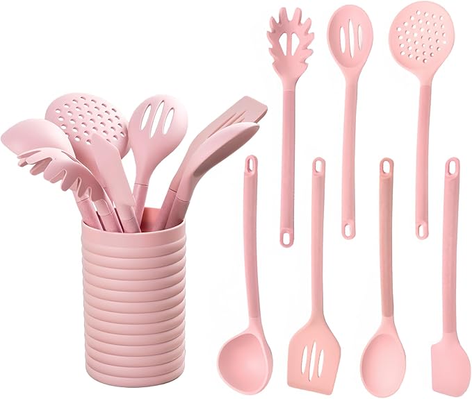 Silicone Kitchen Utensil Set,8 Pieces Cooking Kitchen Utensils Set, Spatula, Spoon, Non Stick Silicone Gadgets Utensil Set with Holder,Heat Resistant Cooking Tools Set for Cooking, BPA Free (Pink)