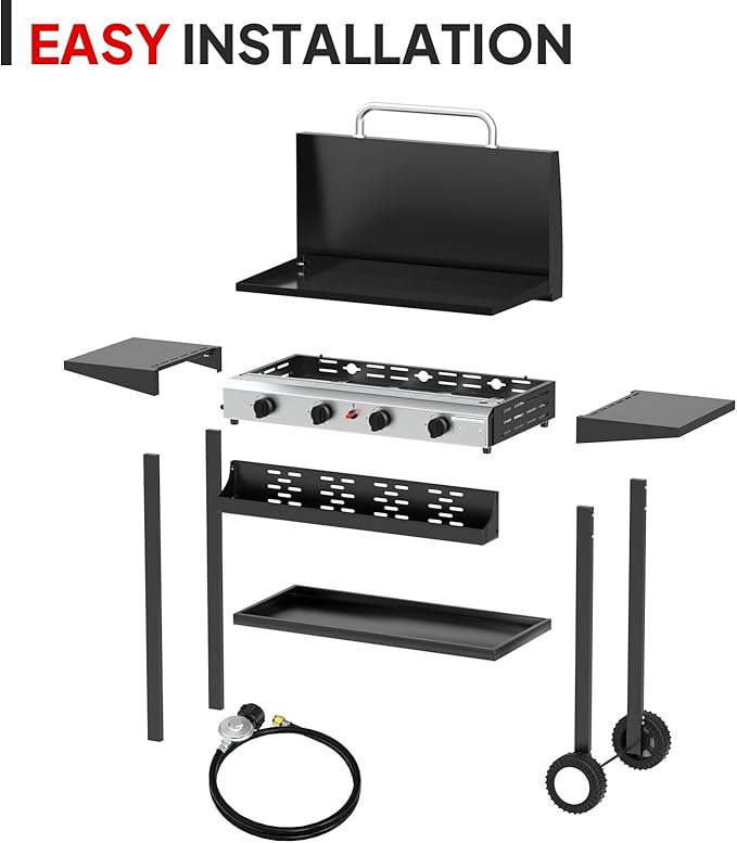 Bonnlo 40000BTU Propane Griddle with Lid and Ignition, Standing Flat Top Gas Grill with Storage Shelf and Portable Rolling Wheels, 4 Burner Camping Cooker for Patio Backyard Outdoor Cooking BBQ