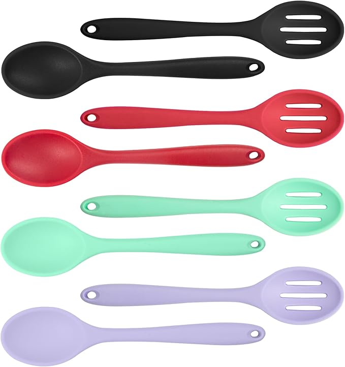 8 Pcs 8inch Heat Resistant Cooking Spoons for Nonstick Cookware Set -Ideal for Cooking, Baking, Mixing, Stirring Includes Slotted & Solid Spoons, Design for Nonstick Cookware (Black+Red+Green+Purple)
