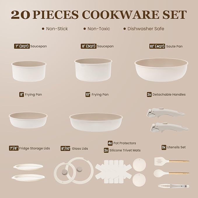 KIKCOIN Nonstick Pots and Pans Set, 20 Pack Cookware Set with Detachable Handle, Induction RV Kitchen Cooking Set with Removable Handle, Frying Pans - Dishwasher/Oven Safe, PFOA Free