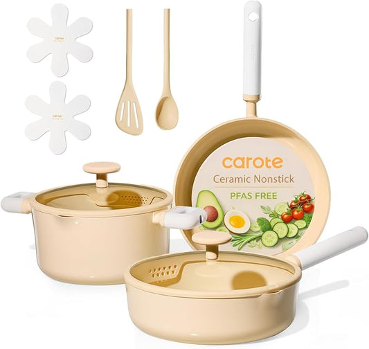 CAROTE Pots and Pans Set Nonstick, Ceramic Cookware Set, Yellow Cooking Set Kitchen Induction Set with Steamer, PFAS PTFE Free,9 Piece