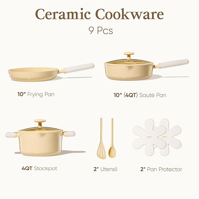 CAROTE Pots and Pans Set Nonstick, Ceramic Cookware Set, Yellow Cooking Set Kitchen Induction Set with Steamer, PFAS PTFE Free,9 Piece