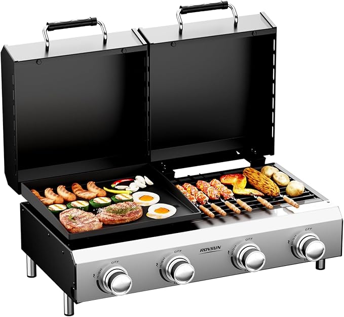 ROVSUN 2-in-1 Propane Gas Grill and Griddle Combo with Lid, 4 Burner Tabletop Flat Top Griddle & Grill with 40000BTU Output, Auto Ignition, Enamel Grate for Outdoor Backyard BBQ Cooking