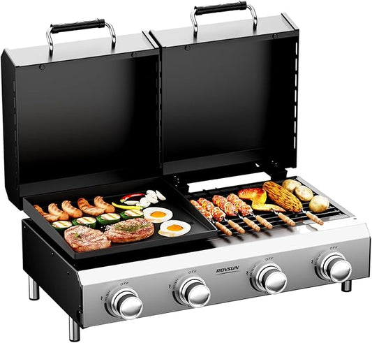 ROVSUN 2-in-1 Propane Gas Grill and Griddle Combo with Lid, 4 Burner Tabletop Flat Top Griddle & Grill with 40000BTU Output, Auto Ignition, Enamel Grate for Outdoor Backyard BBQ Cooking