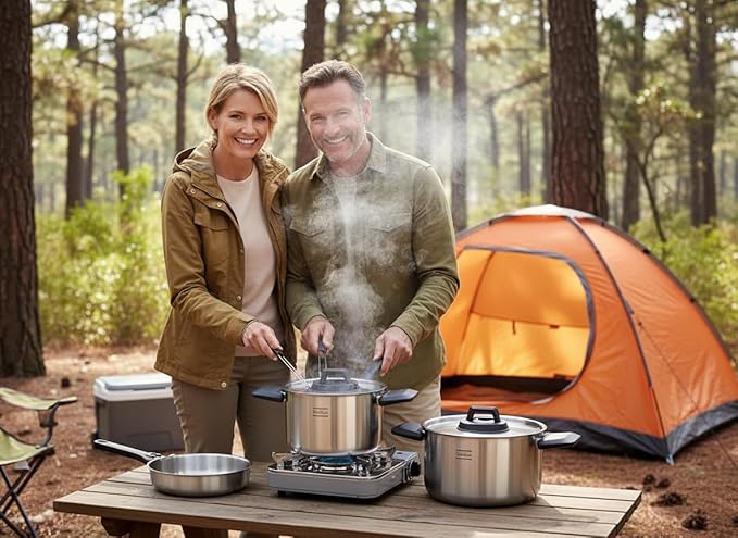 Stainless Steel Camping Kitchen Cookware Set - Frying Pan With Detachable Handle - Nesting Pots for Backpacking, Camp, and RV Cooking - 6 Piece Mess Kit - 1.5L Frypan, 1.5L Small Pot & 3.5L Medium Pot