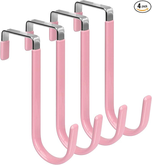 FYY Over The Door Hooks, 4 Pack Door Hangers Hooks with Rubber Prevent Scratches Heavy Duty Organizer Hooks for Living Room, Bathroom, Bedroom Hanging Clothes, Towels, Hats, Coats, Bags Pink