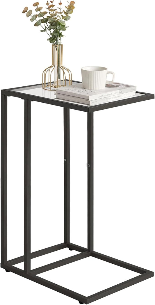 YMYNY C-Shaped End Table, Tempered Glass Sofa Side Table, TV Tray CouchTable That Slide Under for Small Space, Coffee Table for Hallway Office Bedroom Living Room, Metal Frame, Black, UHGD001B
