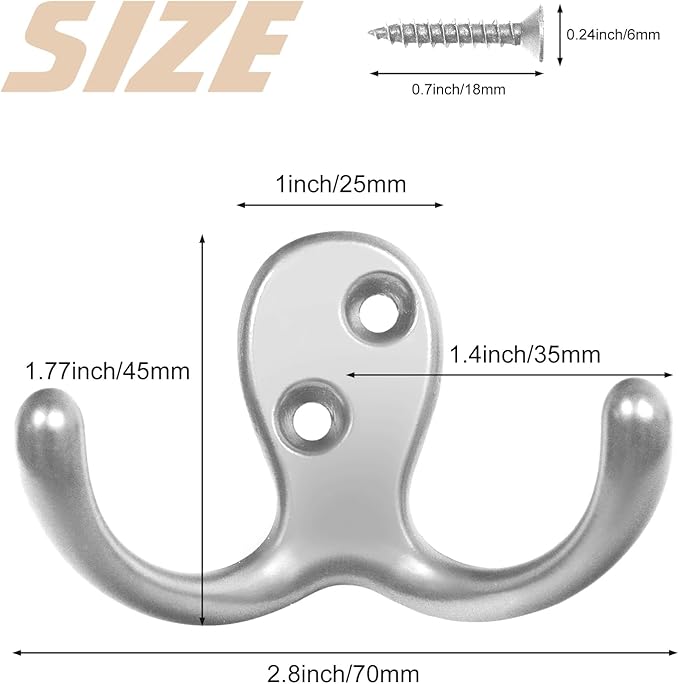 10 Pack Coat Hooks, Heavy Duty Double Prong Coat Hooks Wall Mounted with 20 Screws, No Rust Silver Metal Wall Hooks for Hanging Towel, Coat, Bag, Hat, Cup, Key
