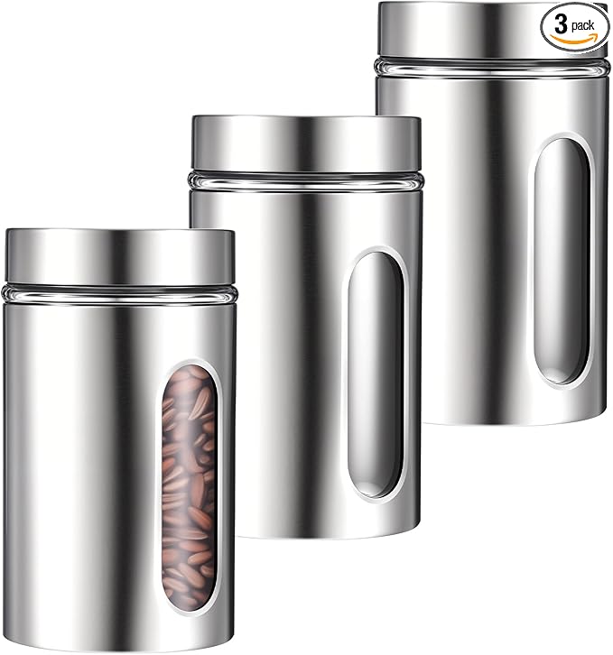 3 Pack Large Kitchen Canisters Set Airtight Coffee Sugar Tea Candy Storage Jars with Window Glass Stainless Steel Containers with Lids for Flour Cookies Spices Grains Kitchen Decorations(32 oz)