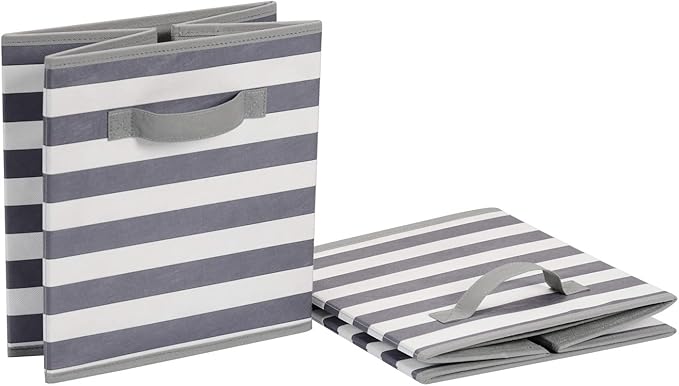 Amazon Basics Collapsible Fabric Storage Bins with Handles, Cube Organizer for Home Organization, 10.5"x10.5"x11", White/Light Grey Stripe, 6-Pack