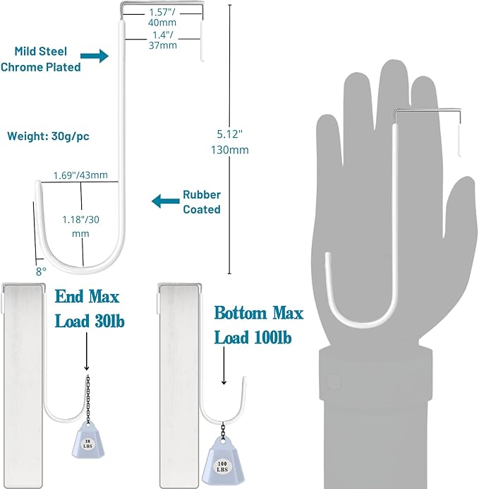 Over The Door Hooks, 4 Pack Steel Door Hangers Hook w/Rubber Coating, Fit 0.7''-1.4'' Door Width, Organizer for Living Room, Bedroom, Bathroom, Kitchen Hanging Clothes, Towels, Hat, Bag