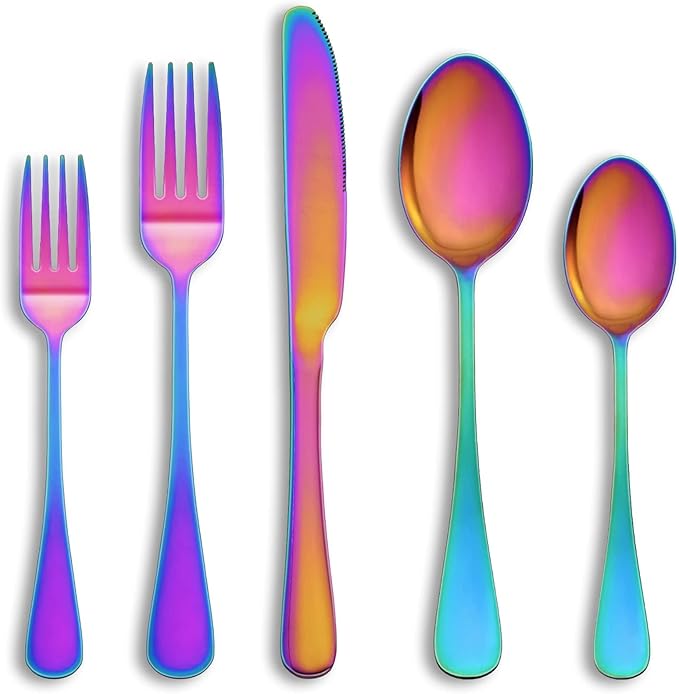 60 Pcs Rainbow Silverware Set Service for 12,Stainless Steel Flatware Serving Sets,Kitchen Tableware Set,Utensil Set for Home and Restaurant,Knives Forks Spoons Set,Mirror Polished,Dishwasher Safe