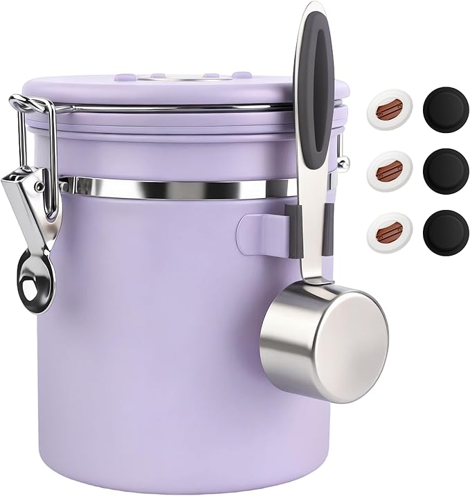 ShanSon Coffee Canister Airtight Coffee Container Stainless Steel Coffee Bean Storage Container with Scoop Coffee Canister for Beans Grounds Sugar Flour Tea Cereal,16OZ, Purple Upgraded Version