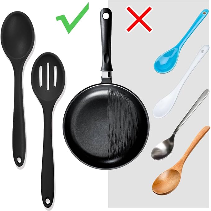 8 Pcs 8inch Heat Resistant Cooking Spoons for Nonstick Cookware Set -Ideal for Cooking, Baking, Mixing, Stirring Includes Slotted & Solid Spoons, Design for Nonstick Cookware (Black+Red+Green+Purple)