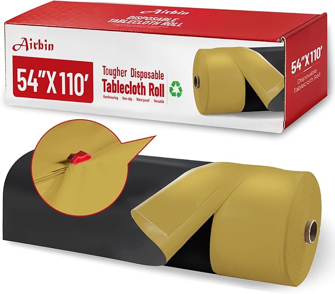Plastic Table Cloth, 110 Ft X 54 In Disposable Tablecloth Black and Gold Tablecloth Premium PEVA Plastic Table Cloth Disposable with Any Cut Sliding Cutters for Picnics, Parties, Birthdays, Festivals