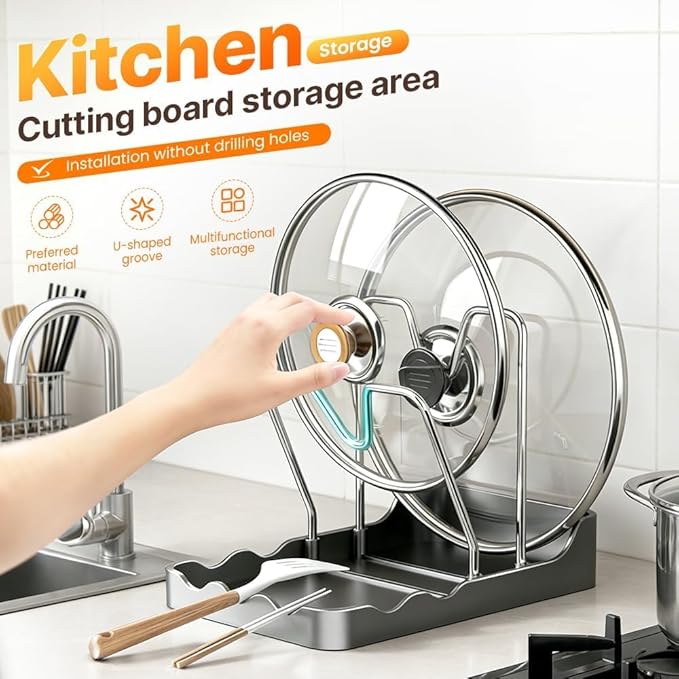 Kitchen Pot Lid Storage Rack - Double Lid Holder Cooking, Multifunctional Pot Lid & Cutting Board Holder, PP+Rust-Resistantcarbon Steel, Space-Saving ,For Cutting Boards, Spoons, Chopsticks ( Black)
