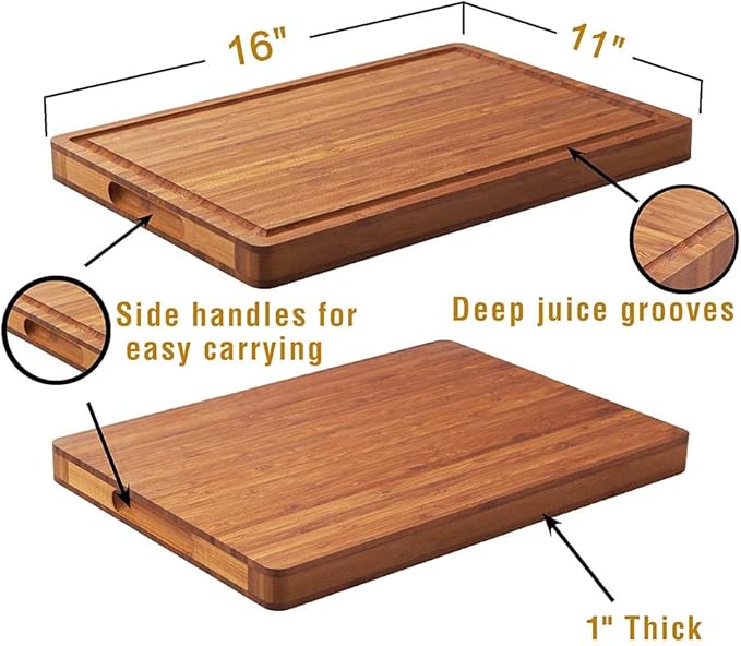 Allsum Bamboo Wood Cutting Board for Kitchen, 1" Thick Butcher Block, Cheese Charcuterie Board, with Side Handles and Juice Grooves, 16x11"