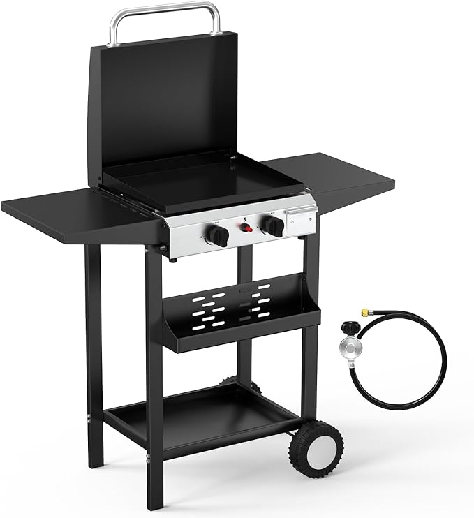 Bonnlo 20000BTU Propane Griddle with Lid and Ignition, Standing Flat Top Gas Grill with Portable Rolling Wheels and Storage Shelf, 2 Burner Camping Cooker for Patio Backyard Outdoor Cooking BBQ