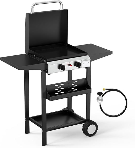 Bonnlo 20000BTU Propane Griddle with Lid and Ignition, Standing Flat Top Gas Grill with Portable Rolling Wheels and Storage Shelf, 2 Burner Camping Cooker for Patio Backyard Outdoor Cooking BBQ