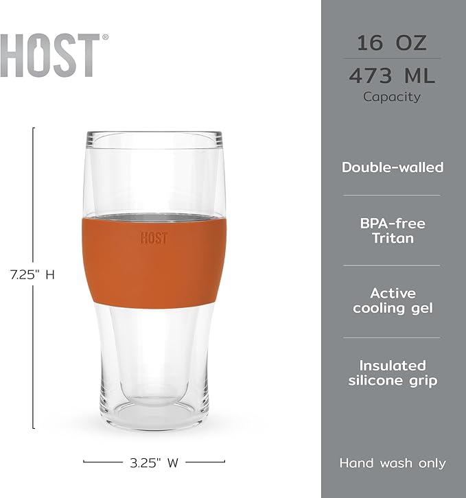 Host FREEZE Beer Glasses, Frozen Brew Mugs, Freezable Pint Glass Set, Insulated Beer Glass to Keep Your Drinks Cold, Double Walled Insulated Glasses, Gift for Dad, 16oz, Set of 2, Burnt Orange
