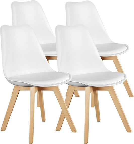 OLIXIS Set of 4 Dining Kitchen Mid-Century Modern Chairs with Wood Legs and PU Leather Cushion for Living Room Bedroom Outdoor Lounge, White