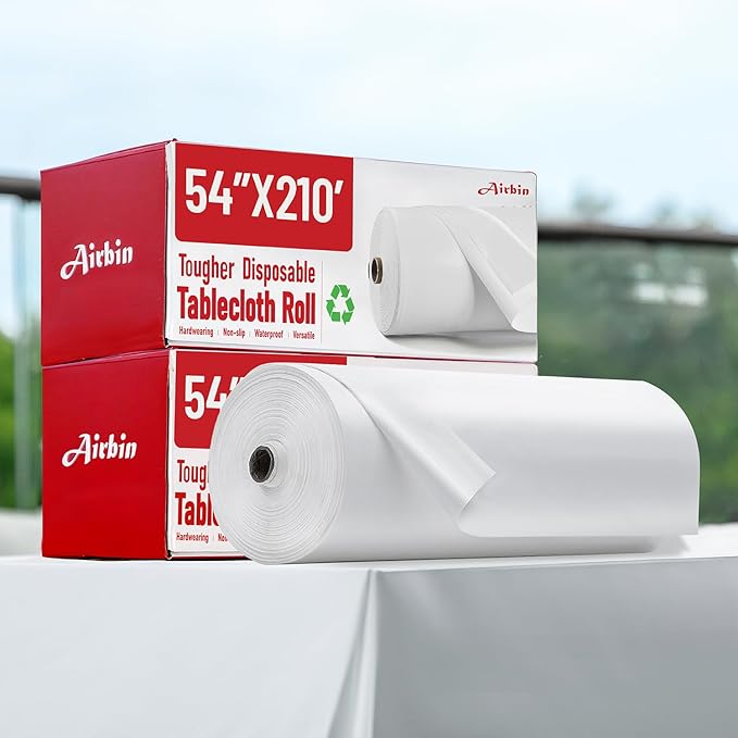 Plastic Table Cloth, 210 Ft X 54 in Disposable Tablecloth White Plastic Tablecloth with Any Cut Sliding Cutters Premium Table Cover Roll for Picnics, Parties, Birthdays, Weddings