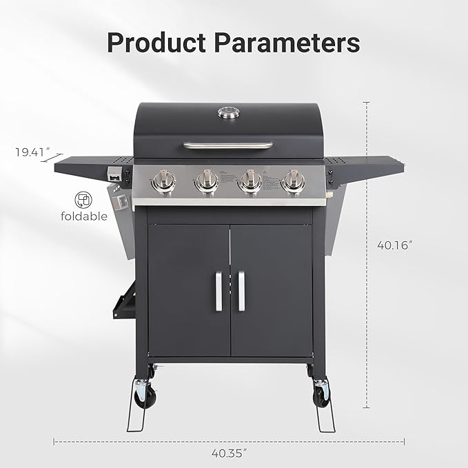4-Burner Propane BBQ Grill, Stainless Steel Outdoor Gas Grill with 40,000 BTU, Porcelain-Coated Grates and Foldable Side Shelves, Perfect for Patio & Backyard Cooking (Black)