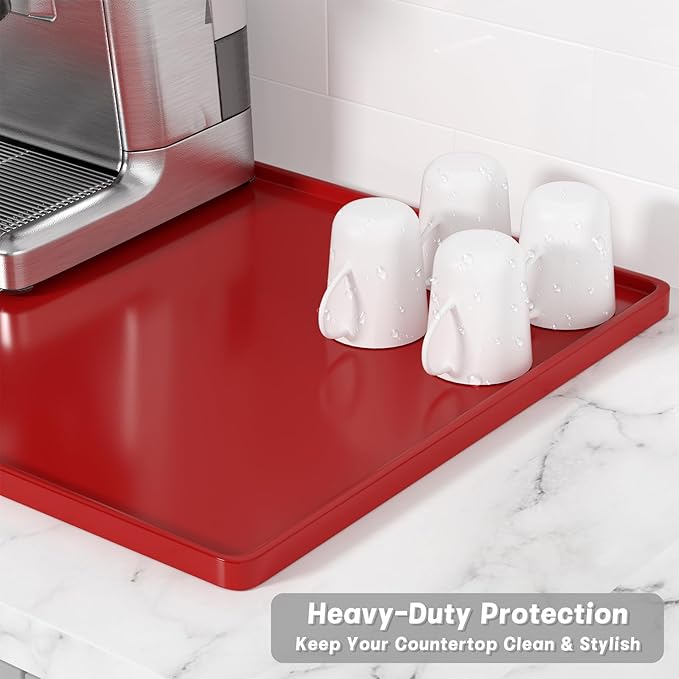 Rnivvi Silicone Coffee Mat, 12" x 19" Waterproof Raised Edge Coffee Bar Mats for Espresso Machine Station Accessories, Heat Resistant Dish Drying Pad for Kitchen Counter, Rubber Bar Decor Pad, Red