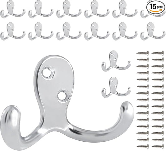 15 Pack Coat Hooks Wall Hooks for Hanging, Heavy Duty Double Prong Metal Hook Wall Mounted for Living Room, Bathroom, Kitchen, Bedroom for Coat, Bag, Scarf, Towel, Hat, Key, Cup (Silver)