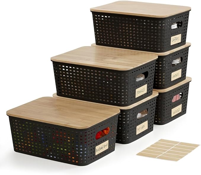 Bagnizer Small Plastic Storage Bins with Bamboo Lids 5.2qt Stackable Box Basket Pantry Decorative Containers Cute with Labels for Organizing Desktop Closet Office Black of 6 packs 10 * 7.2 * 4.1"