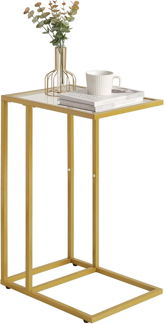 YMYNY C-Shaped End Table, Tempered Glass Sofa Side Table, TV Tray CouchTable That Slide Under for Small Space, Coffee Table for Hallway Office Bedroom Living Room, Metal Frame, Gold, UHGD001G