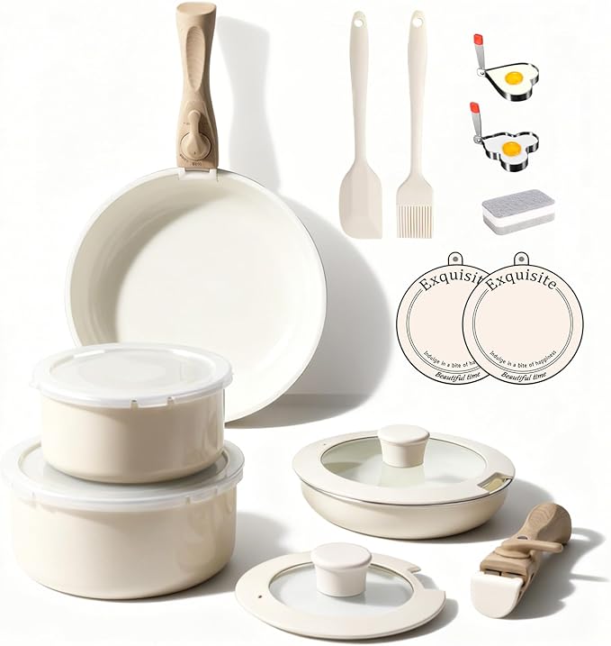 Heapsion 18-Piece Ceramic Nonstick Cookware Set, PFAS/PFOA/PTFE-Free & Non-Toxic Pots and Pans Set with Detachable Handles, Dishwasher Safe & Induction Compatible for Kitchen & RV Cooking