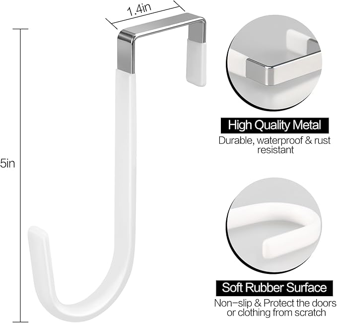 10 Pack Over The Door Hook, Door Hooks, White Rubber Surface Prevent Scratch Door Hanger Hooks for Bathroom, Living Room, Kitchen, Hanging Clothes, Towels, Bags