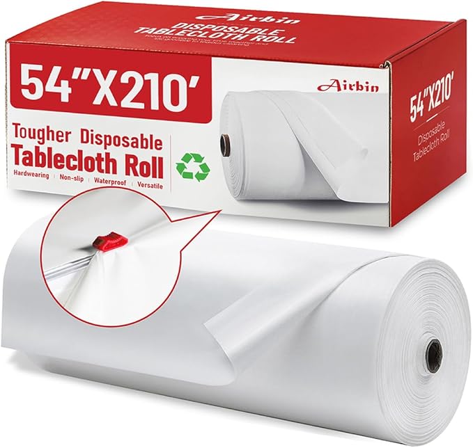 Plastic Table Cloth, 210 Ft X 54 in Disposable Tablecloth White Plastic Tablecloth with Any Cut Sliding Cutters Premium Table Cover Roll for Picnics, Parties, Birthdays, Weddings
