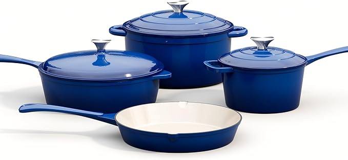 MAISON ARTS 7 Piece Enameled Cast Iron Cookware Set, Induction Dutch Oven Pot with Lid, Blue Non Toxic Pots and Pans set, PFOA-PFOS Free