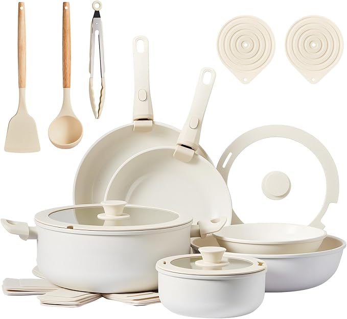 Bonnlo 22 Pcs Nonstick Pots and Pans Set with Lids, Kitchen Cookware Set with Detachable Handle Include Saucepan, Frying and Saute Pan, PFAS PFOA & PFOS Free, RV Induction, Aluminum, Cream White