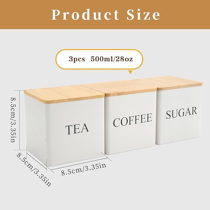 3 Pack 16oz Tea Sugar Coffee Container Set, Kitchen Canister Tins with Bamboo Lids, Stackable Storage Jar Suitable for Coffee Beans, Tea, Sugar, Flavourings, Cereals, Snacks