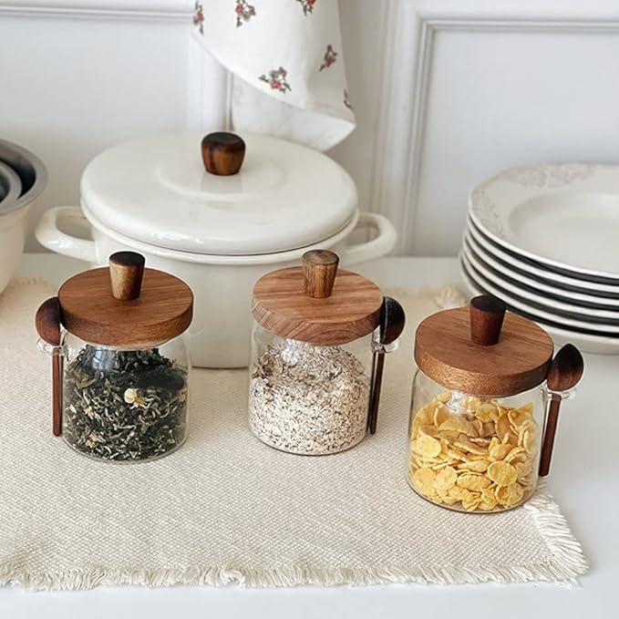 Set of 3 Glass Jars Containers with Wooden Lids and Scoop Clear Canister Jars Set with Spoon for Kitchen Food Storage Coffee Tea Sugar Decorative Countertop Organization Jars 31 oz (3)