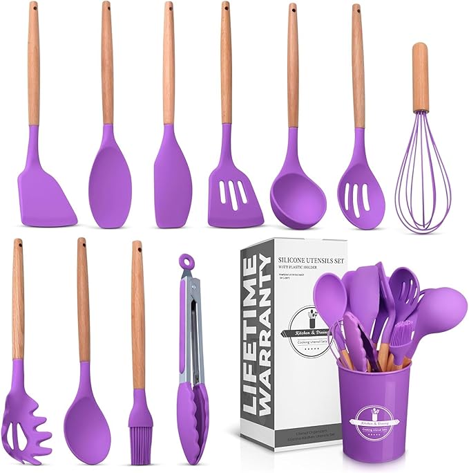 12 Pcs Purple Kitchen Utensils Set with Holder for Nonstick Cookware - Silicone Cooking Utensils Set, Kitchen Tools for Daily Cooking - Wooden Handle Cooking Tools for Baking Serving and Mixing Tasks